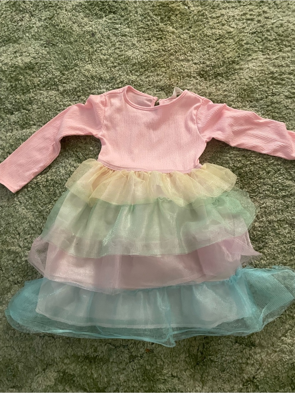 H&M Pink Long-Sleeve Pastel Rainbow Tulle Tiered Dress